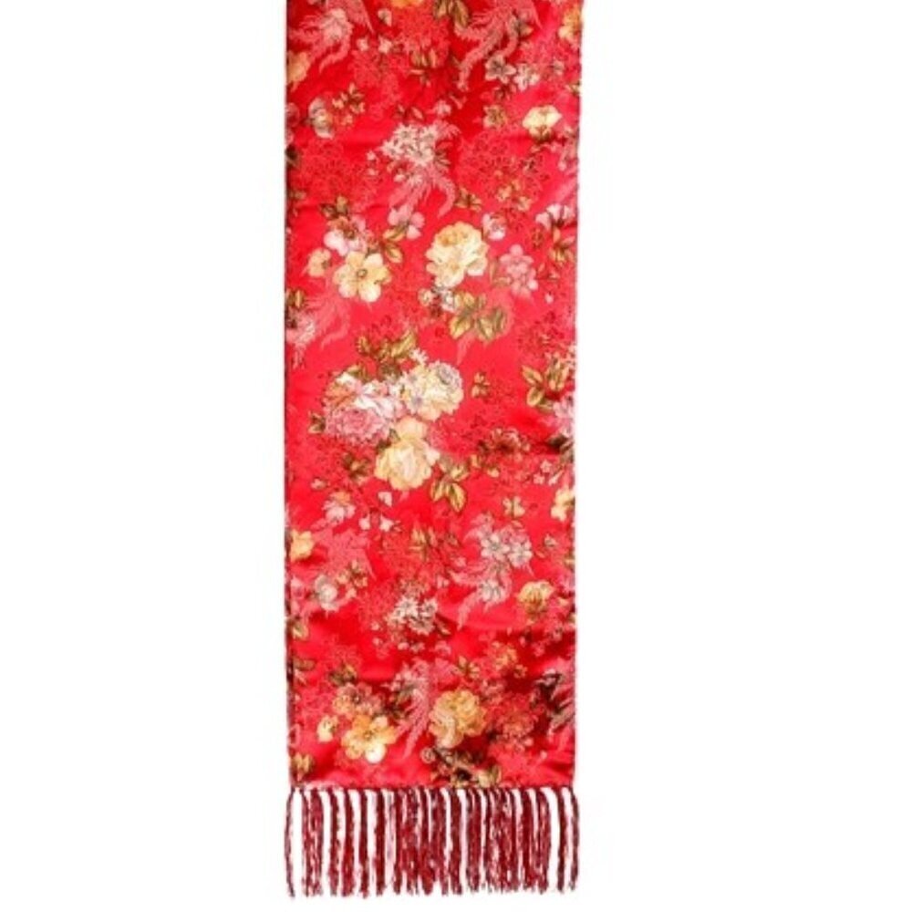 Chinese Red Floral Brocade Fringed Table Runner